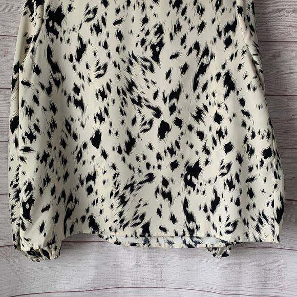 White with Black Spots Blouse Long Sleeve Round Ruffle Neck Bishop Billow Sleeve - Picture 9 of 15